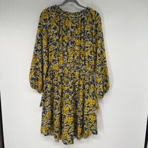 Yakira Bella Floral Print Blouson Midi Dress Women's Sze M Yellow Tiered Peasant